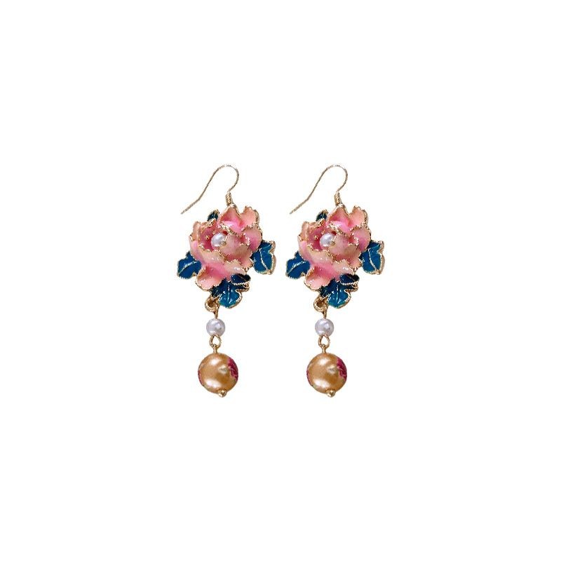 New Chinese Enamel Painted Flower Pearl Tassel Earrings