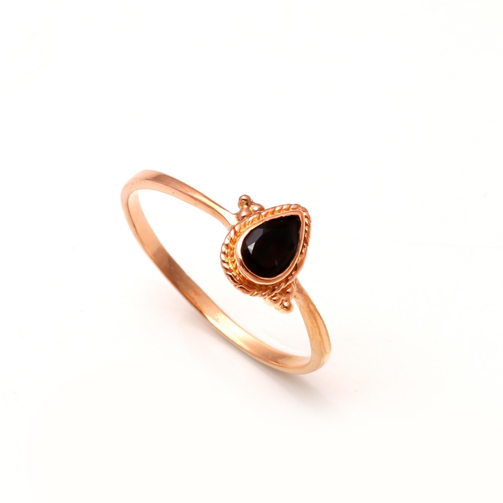 Natural Black Onyx Pear Ring Rose Gold Fill 925 Sterling Silver Unique Jewelry
