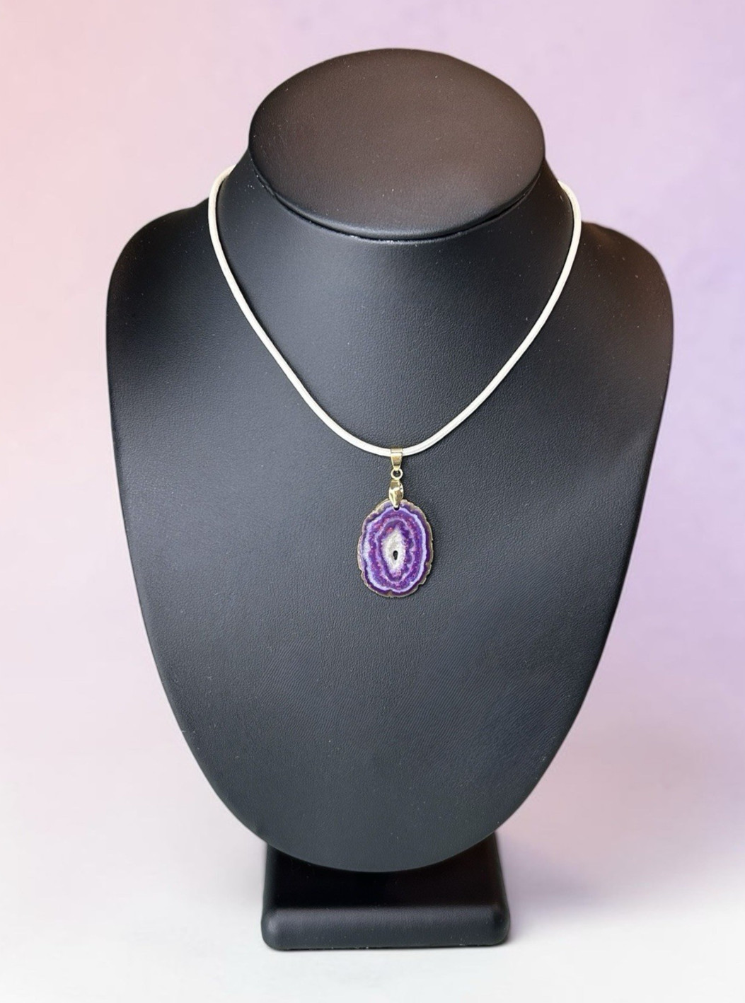 Sm Faux Amethyst Geode Slice Polymer Clay Handmade Pendant Necklace SS Clasp