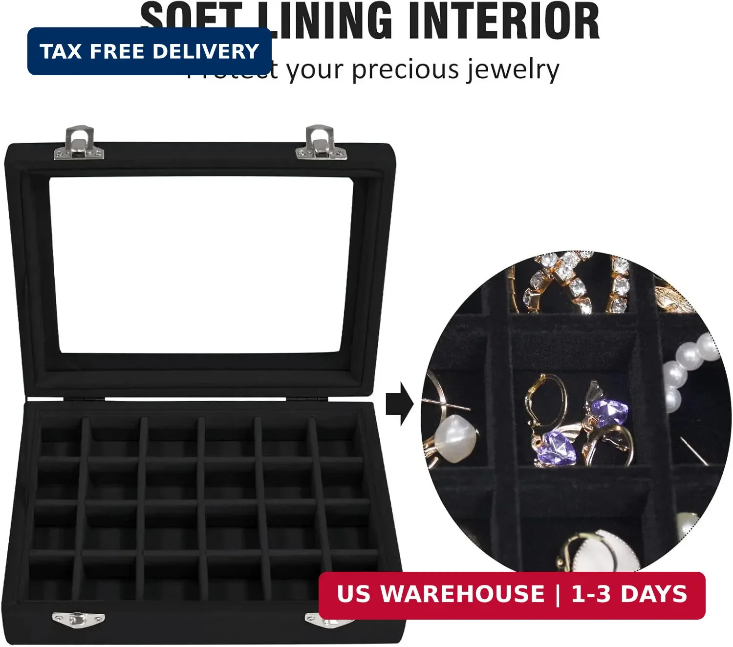 Velvet Jewelry Box 24 Grid Jewelry Ring Display Organiser Box Tray Holder Earrin