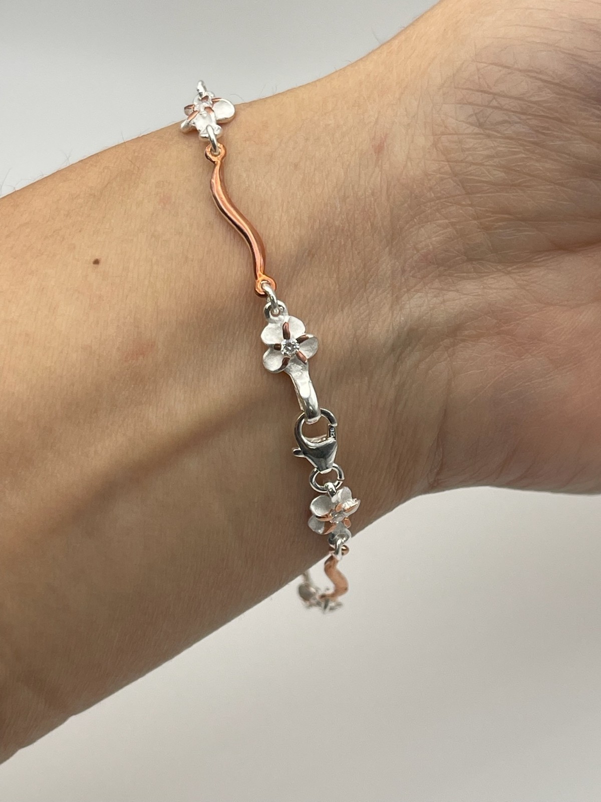 Aloha Wave Blossom Bracelet 925 Rose Tone Plumeria Flower Links Free Shipping