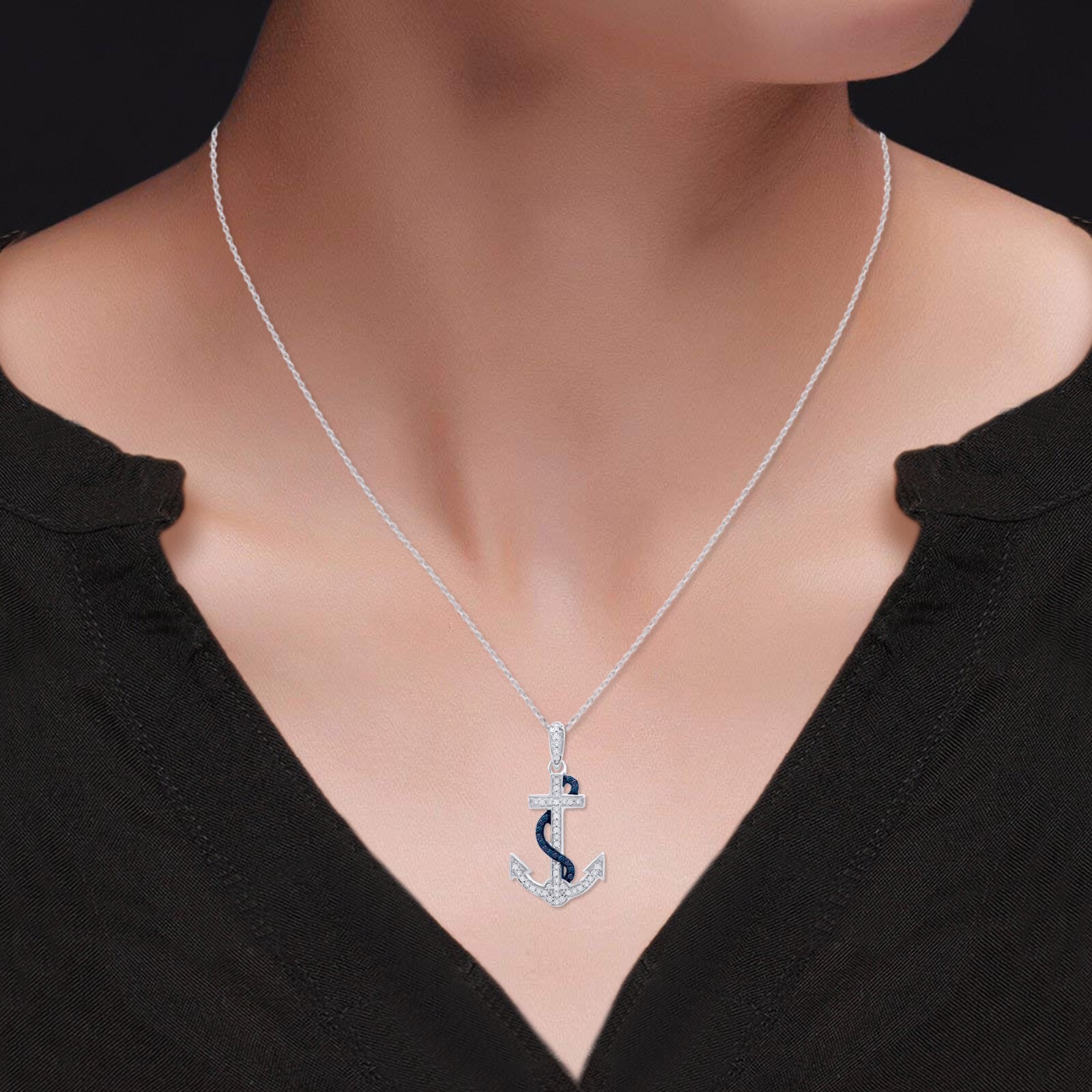 1/10ct Real Blue & White Diamond Anchor Pendant 18″ Necklace 925 Sterling Silver