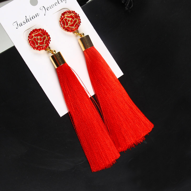 Rose Flower Long Tassel Earrings Red/Yellow/Black-Gray/Green