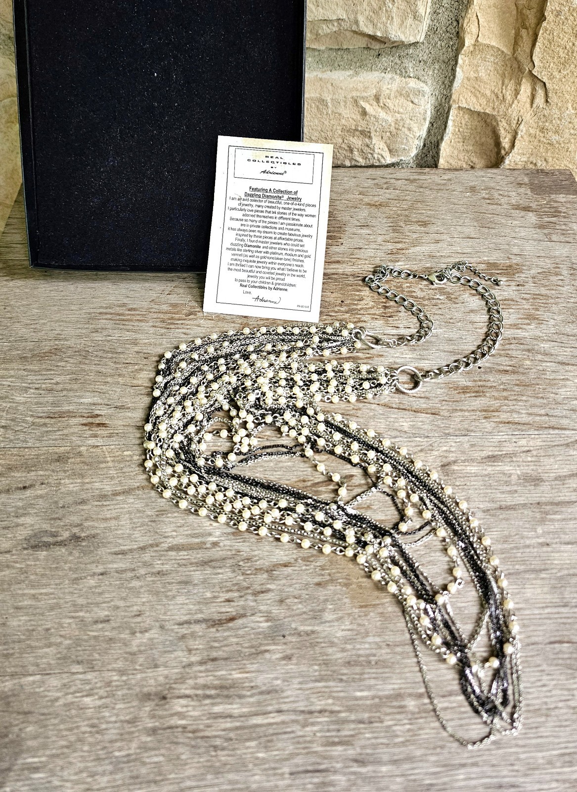 Adrienne 24 Multi Strand Necklace Faux Seed Pearl Silver Black Designer Jewelry