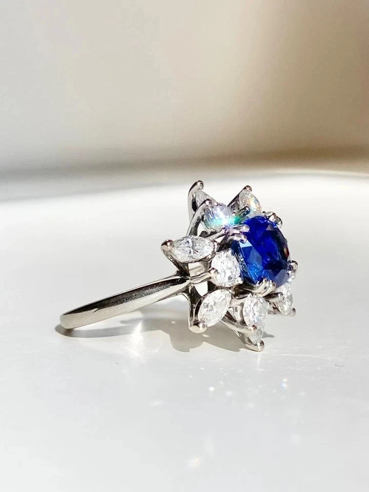 Diamond Wedding Ring 14K White Gold 2.70Ct Cushion Natural Blue Sapphire Size6 7