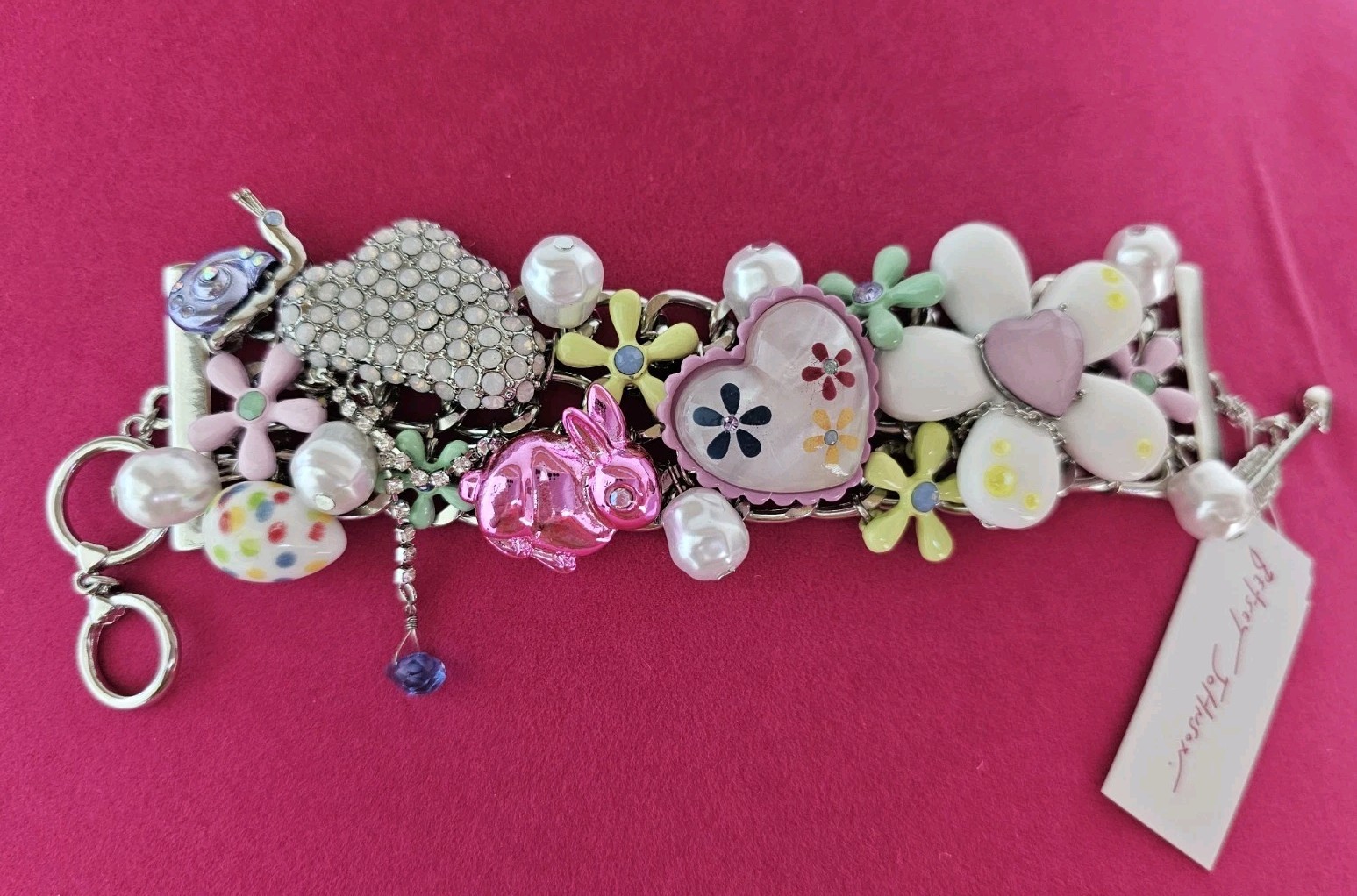 BETSEY JOHNSON Easter Hop Spring Floral Pink Bunny Statement Bracelet NWT $148