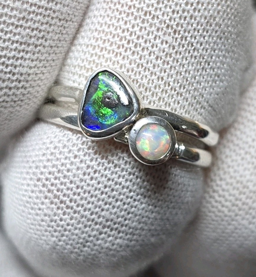 2 X Australian Made STACKABLE Opal Ring Set 925 Sterling Silver Ring Unique