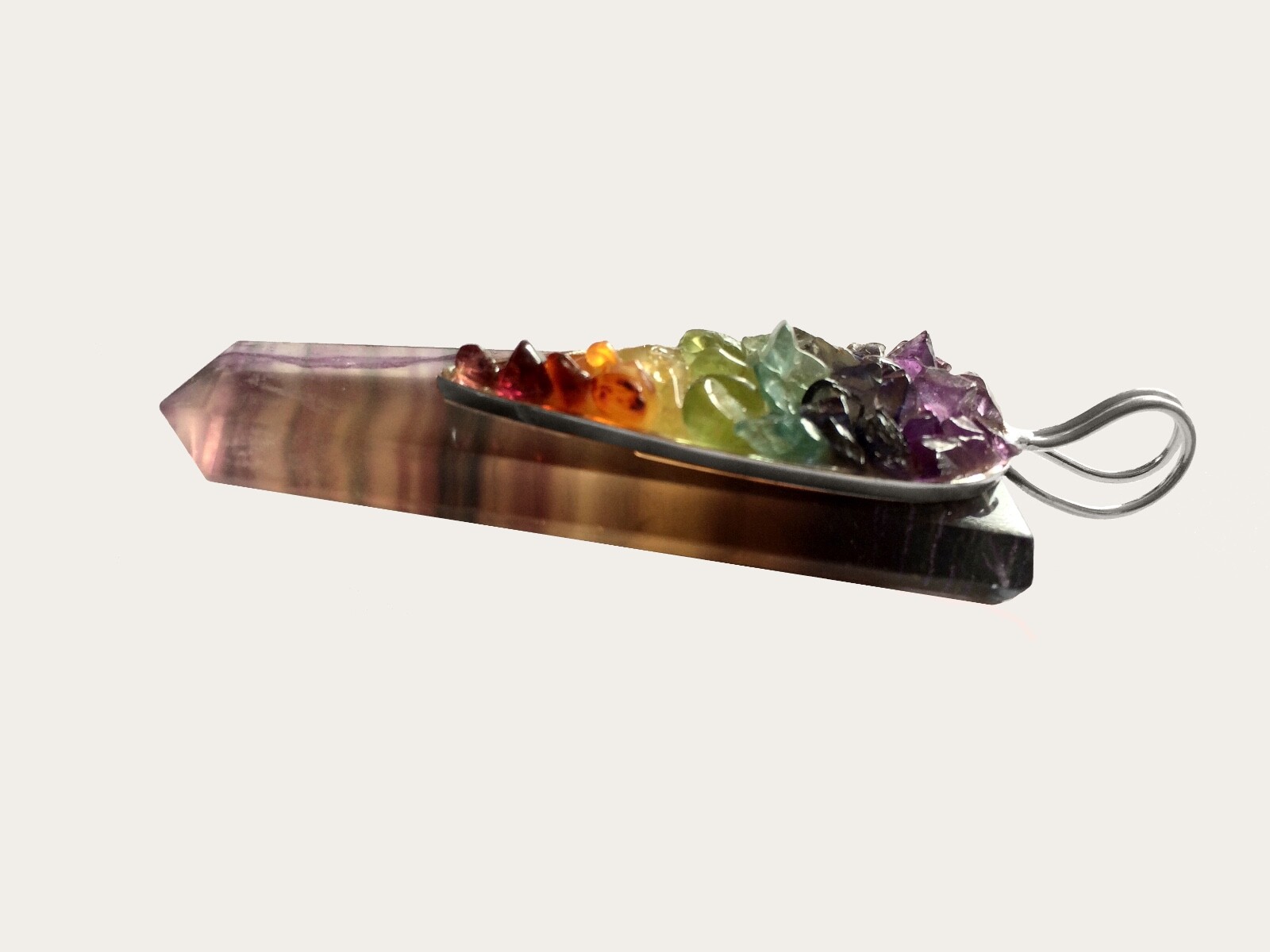 Rainbow FLUORITE Crystal 7 Chakra Pendant CHARGED Sterling Silver Necklace Reiki