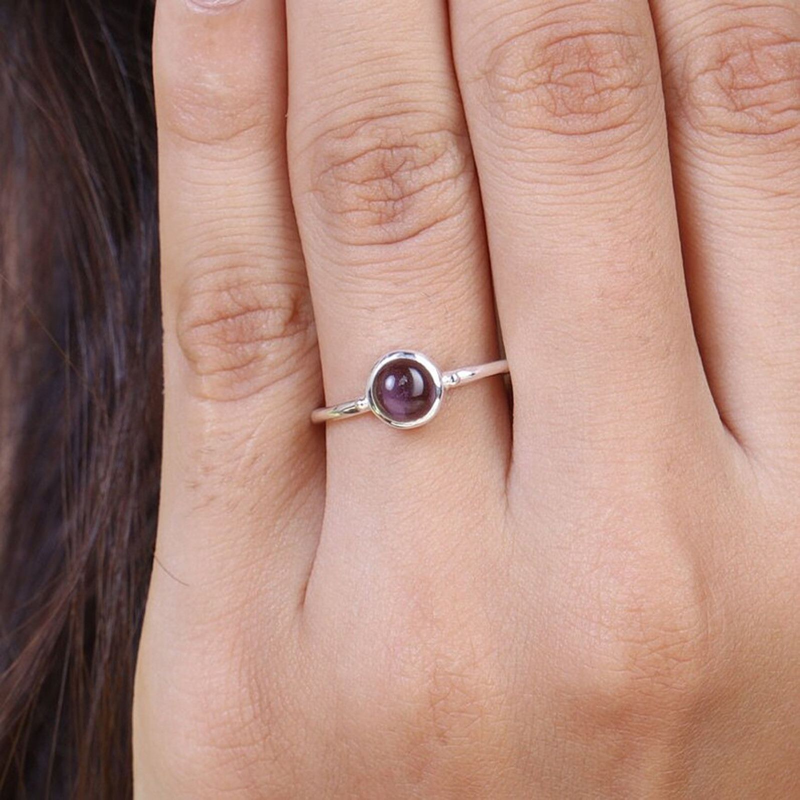 Natural Amethyst Round Cut Stone 925 Sterling Silver Women Handmade Simple Ring