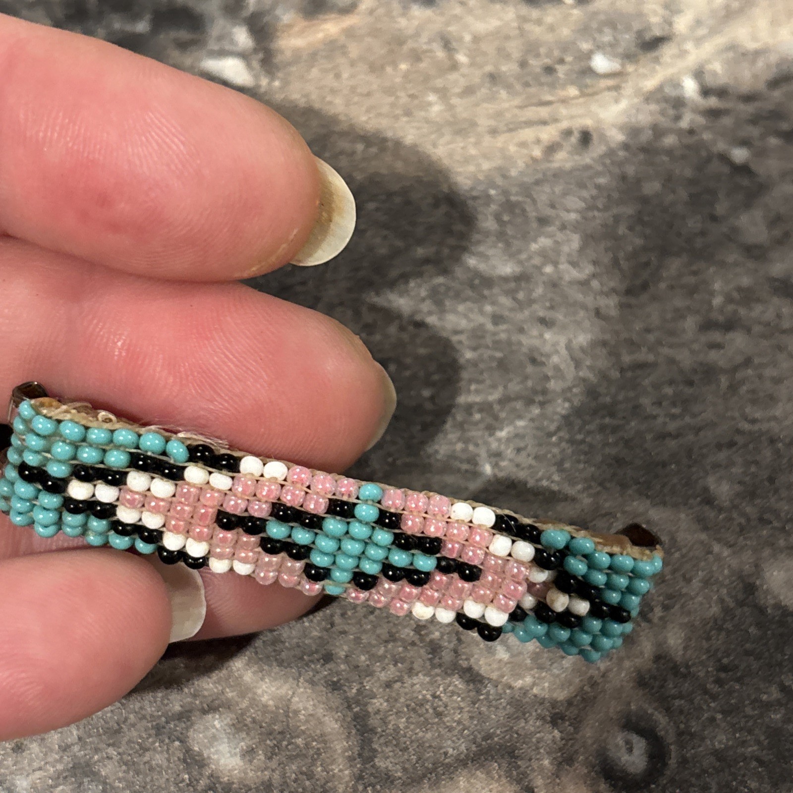 Vtg Native American Hand Beaded Barrette Hair Clip Leather Back Pink Blue