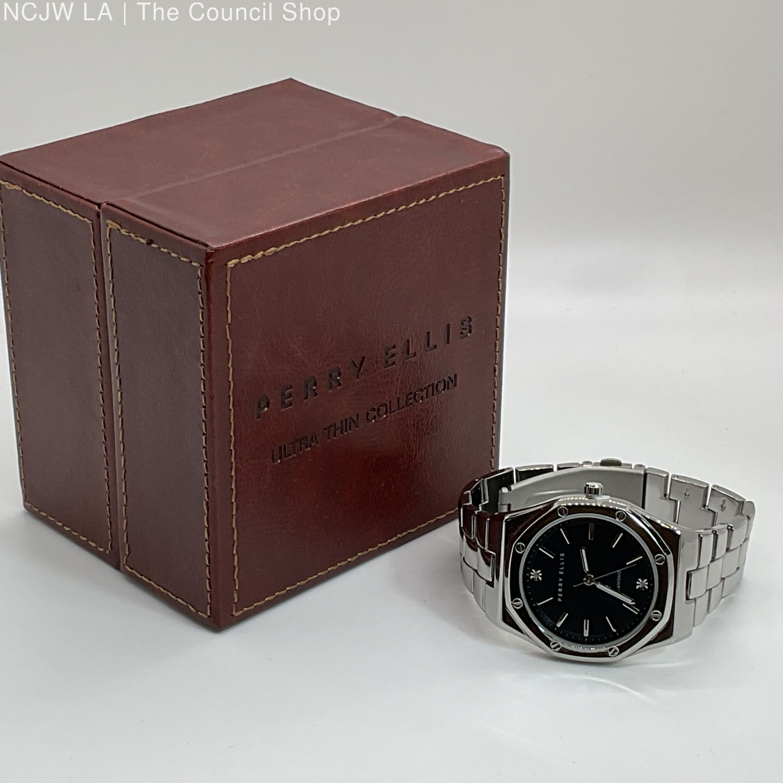 NOB PERRY ELLIS Ultra Thin Diamond Accent Men’s Stainless Watch- 7.75″