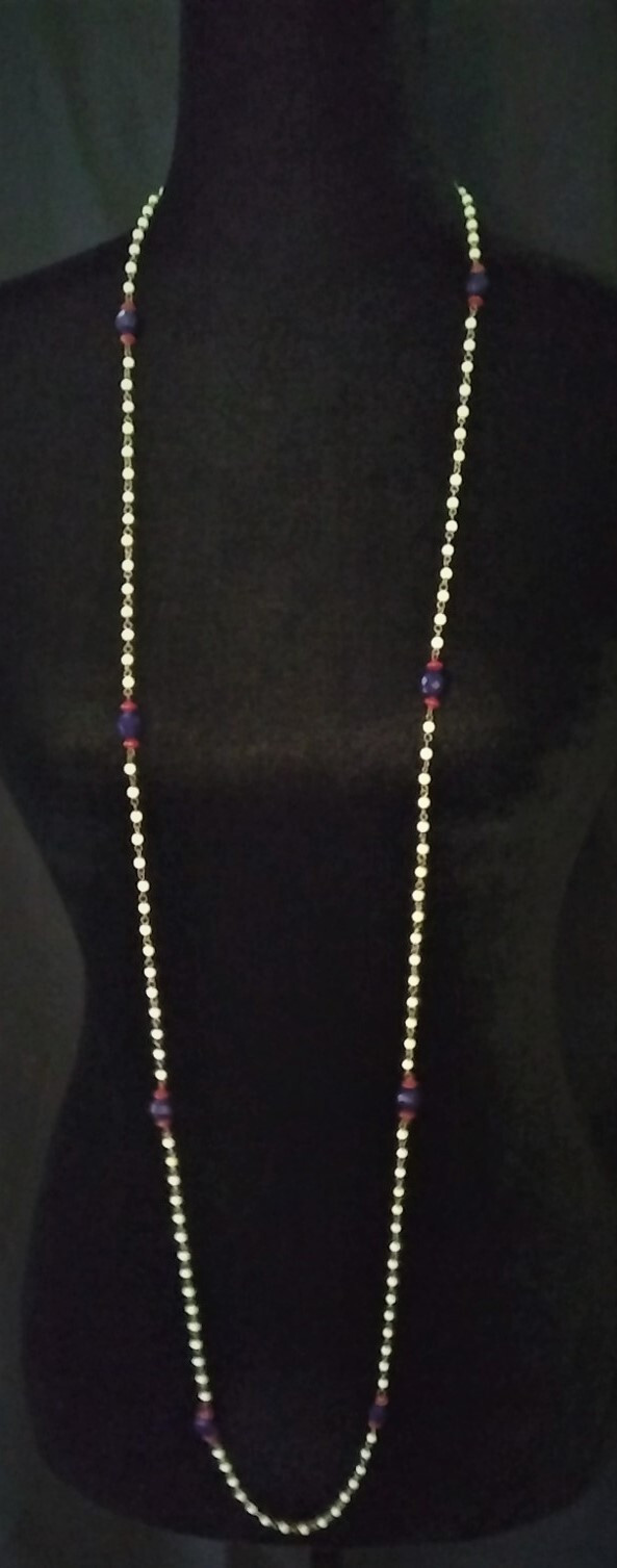 VINTAGE MULTICOLOR RED WHITE BLUE BEADED PATRIOTIC CHAIN BEADS NECKLACE 56″ LONG