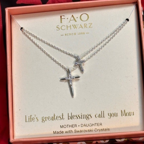 FAO Schwarz Cross Necklace Set Swarovski Crystals Silver Tone Mother Daughter