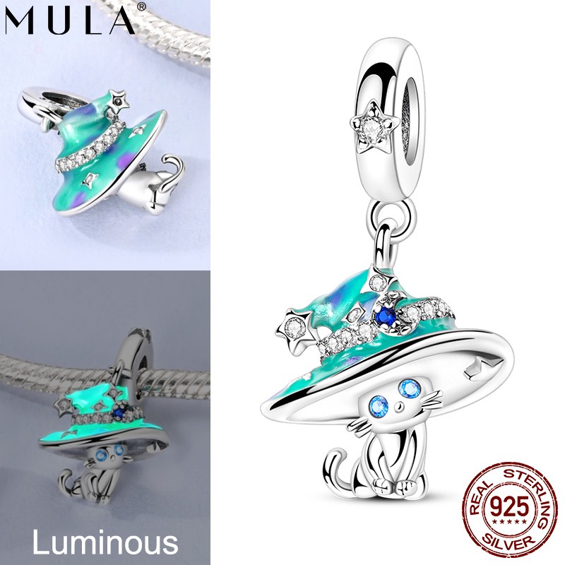 MULA 925 Sterling Silver Charm Luminous Magic Hat Cat Pendant for Women Bracelet