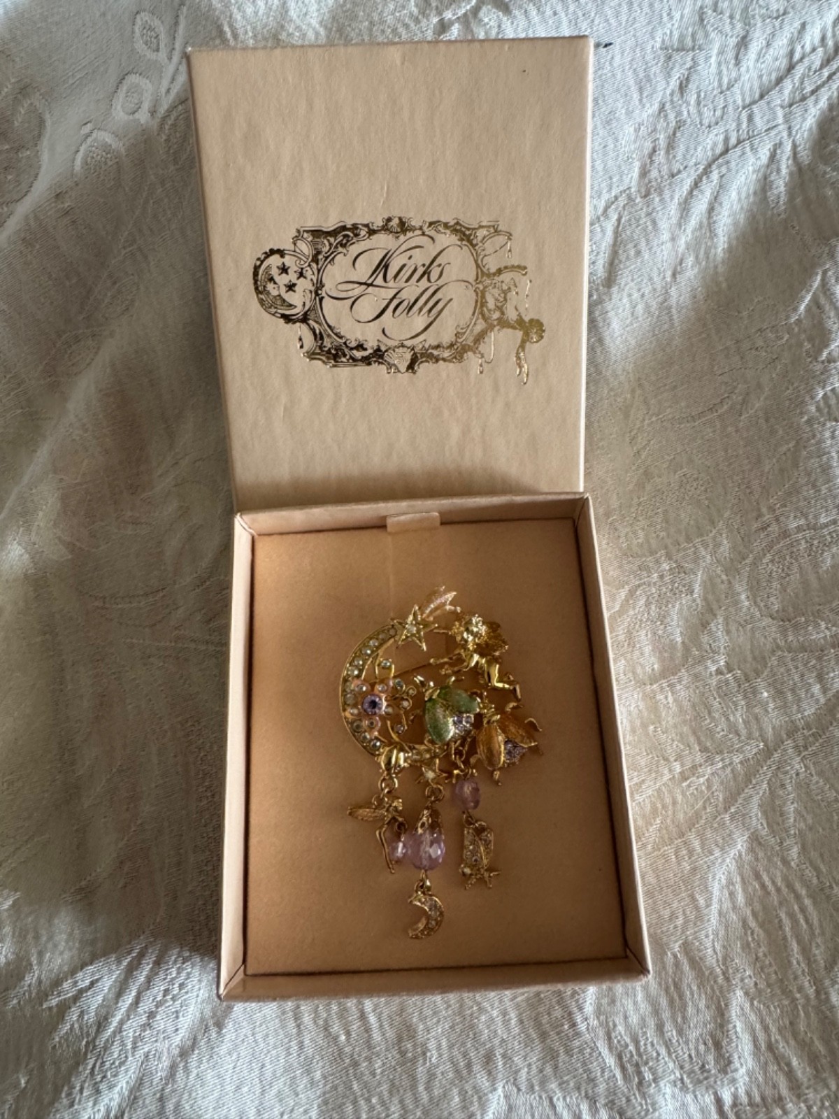 Kirks Folly Fairy Fireflies Brooch Pin Dangle Stars Moon Flowers Flies in box