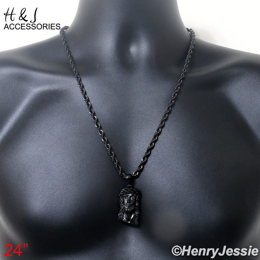 24″30″Stainless Steel 5mm Black Plated Rope Necklace CZ Jesus Face Pendant*A133