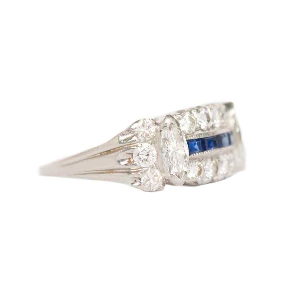 Retro Vintage Baguette Shape Blue Sapphire With Old Mine Cut CZ Antique Ring