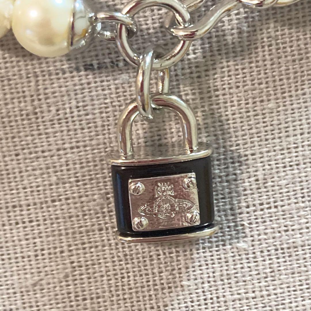 Vivienne Westwood Necklace Padlock Pearl Silver x Black w/drawstring [E50261