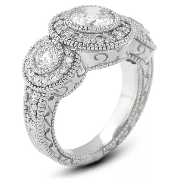 3-Stone Engagement Ring 14K Gold Vintage 2.14 CT Round Lab-Grown Diamond F VS1