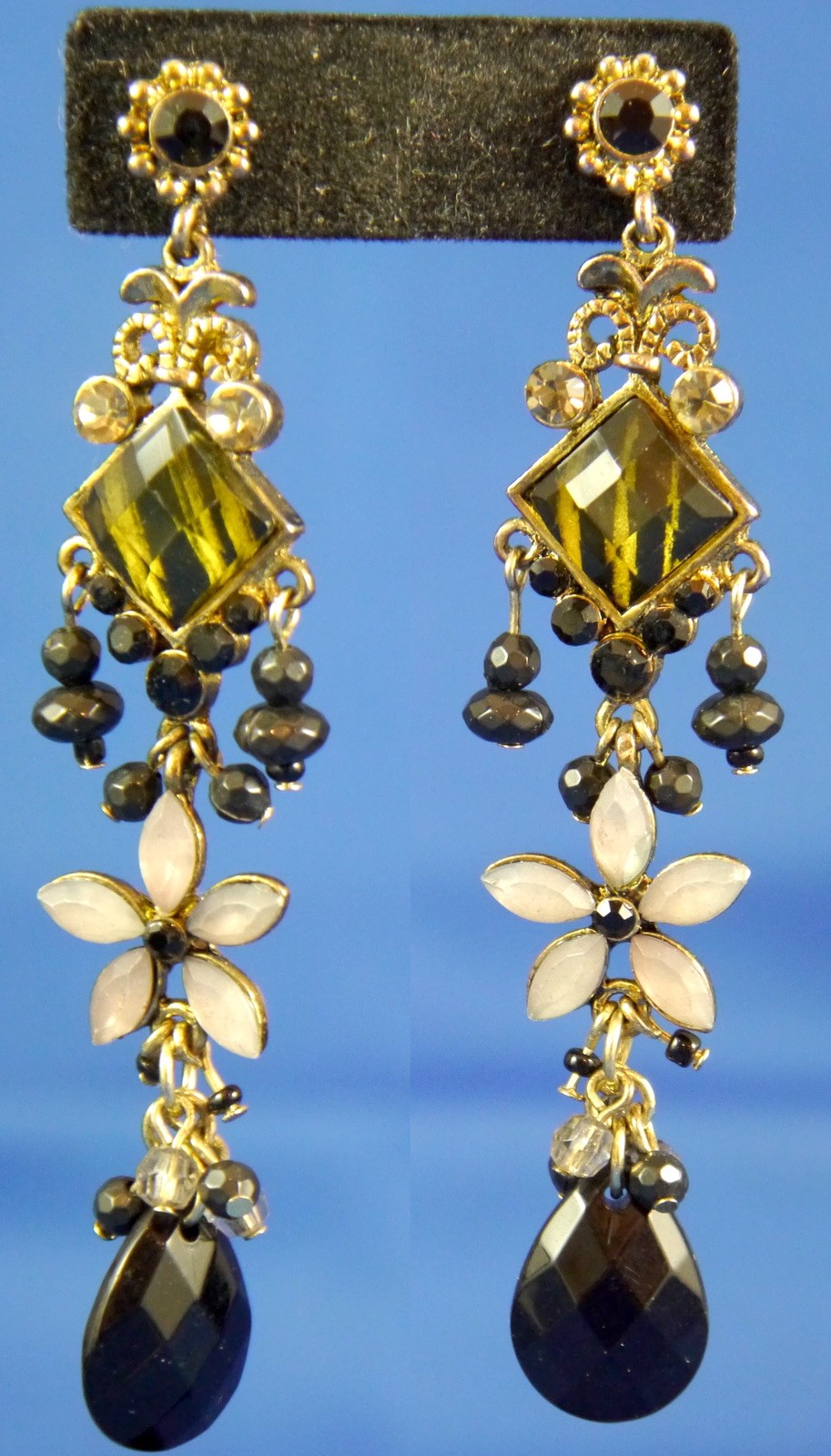 Victorian Boho Mix Faceted Glass, Plastic Metal Dangle Post Earrings 3.25″ Drop