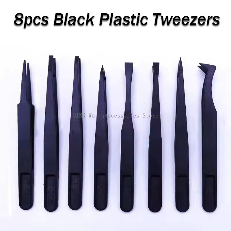 8pc Antistatic Carbon Fiber Tweezers Black Plastic Watchmaker Repair Tool Kit