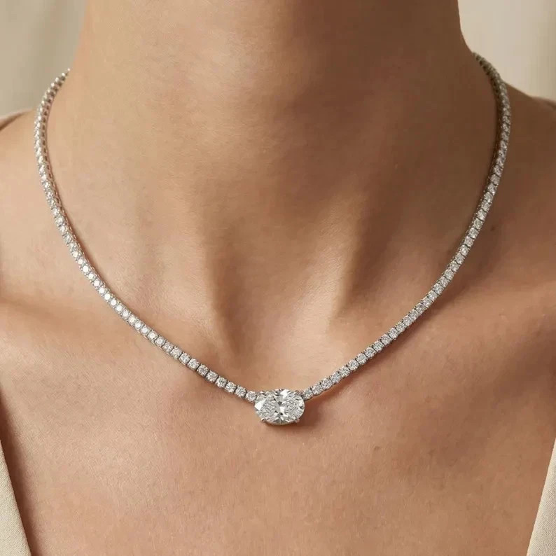 15TCW D/VVS1 Oval Cut Lab Created Diamond Tennis Necklace 14k White Gold Plated