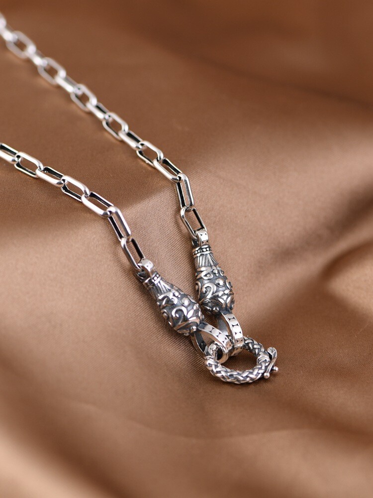 925 Sterling Silver DRAGON HEAD Clasp Paperclip Chain Necklace 60cm Heavy Gothic