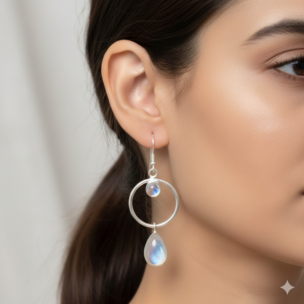 Radiant Rainbow Moonstone Ethnic Earrings – Handmade 925 Sterling Silver s042