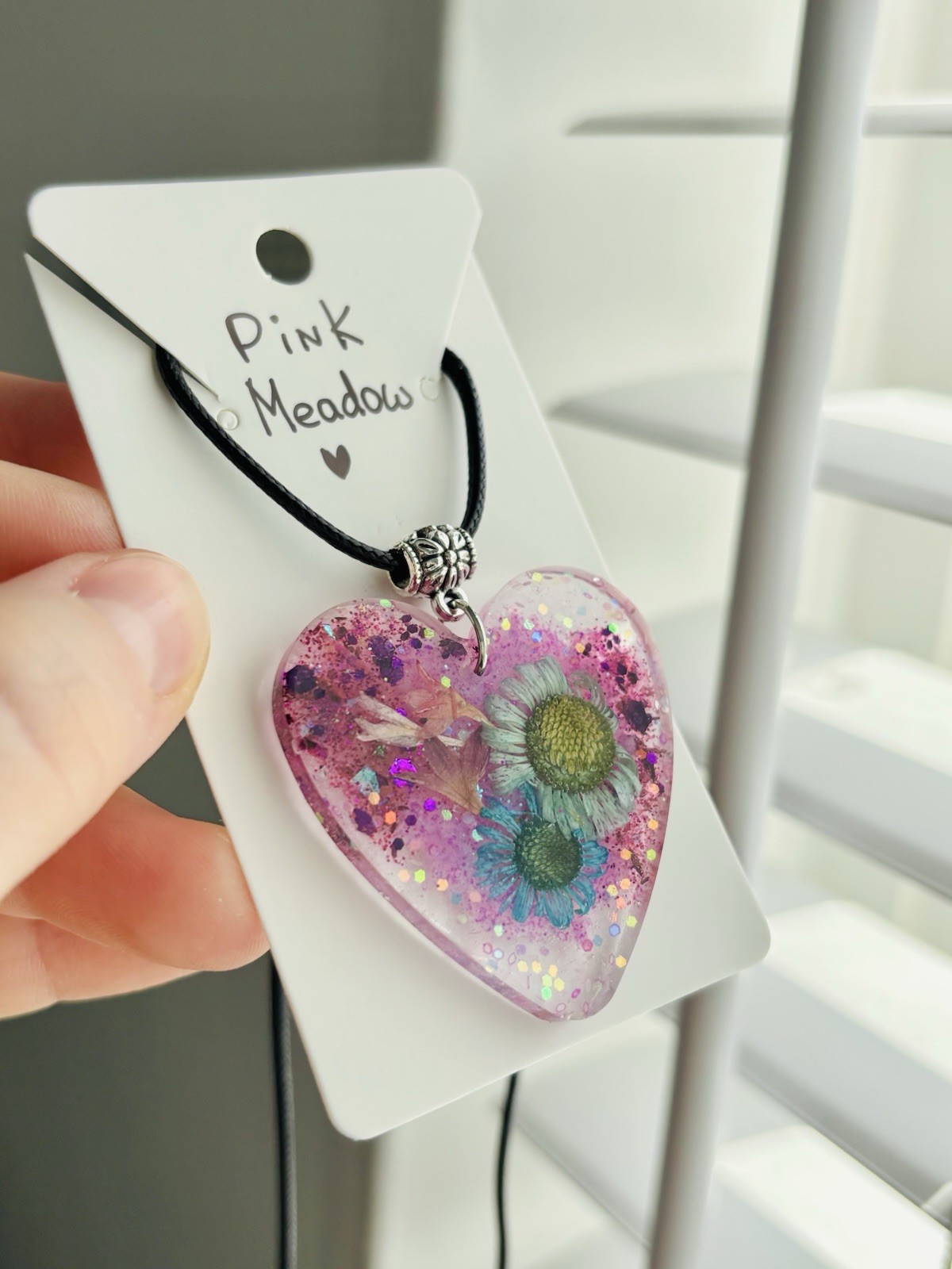 Pink Meadow Resin Heart Necklace Handmade Dried Flower Pink Pendant