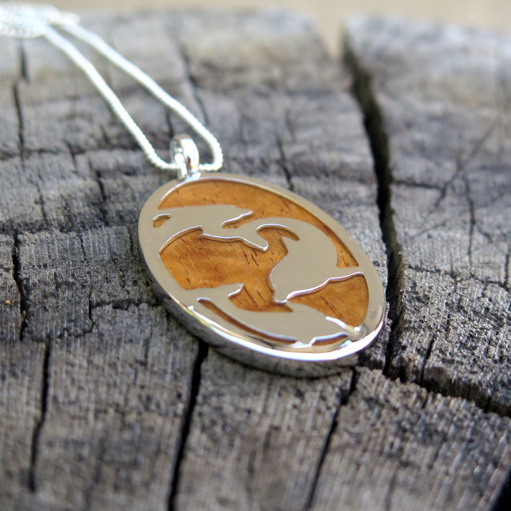 Koa Wood Hawaii Jewelry Dolphin Oval Silver Rhodium Plated Brass Pendant BRP1069