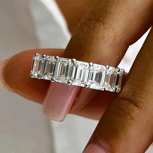 4.50Ctw Emerald Moissanite Full Eternity Wedding Band In 14k White Gold Plated