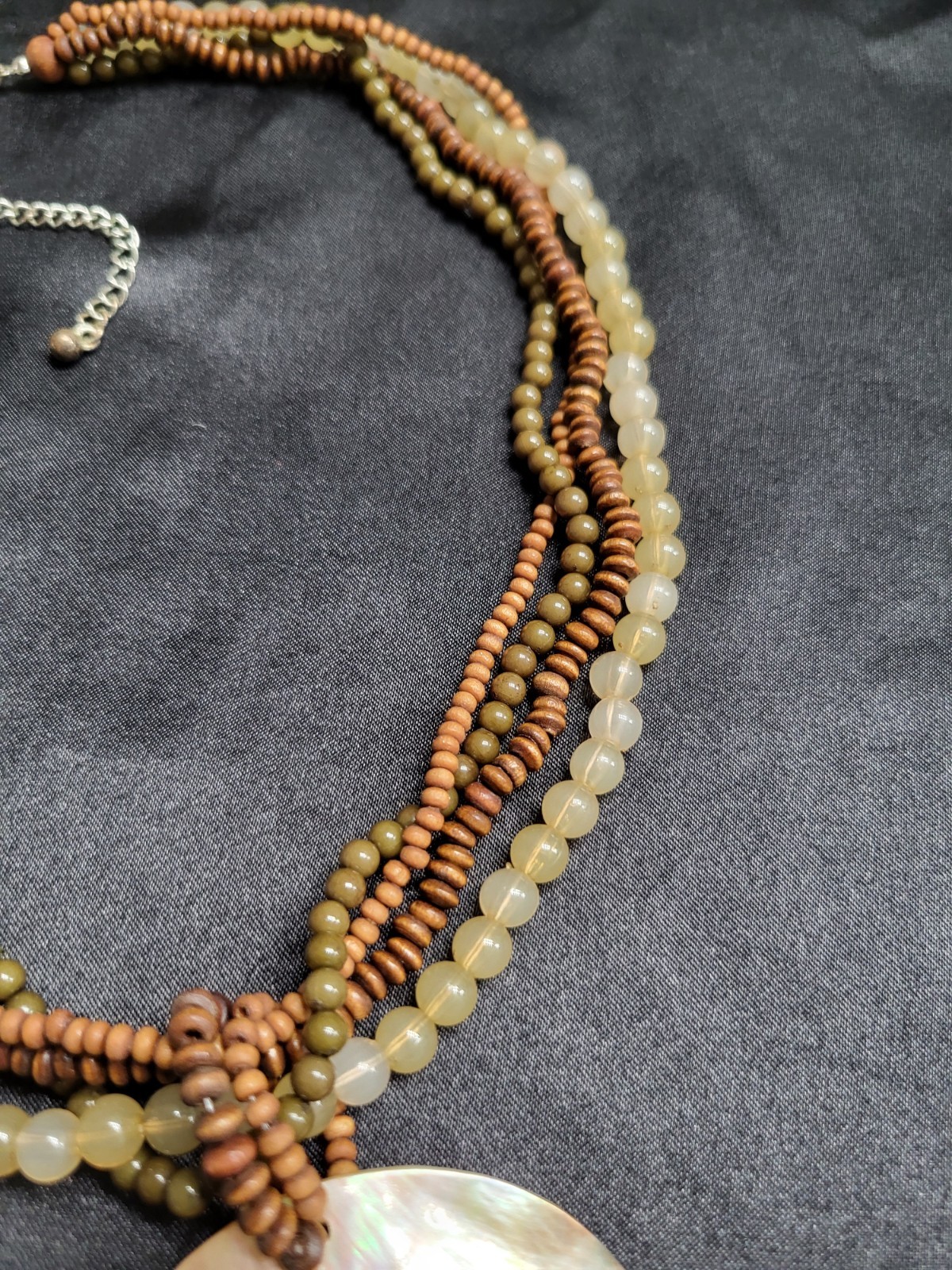 Boho Multi Strand Wood Beaded Necklace Iridescent Mother of Pearl Shell Pendant