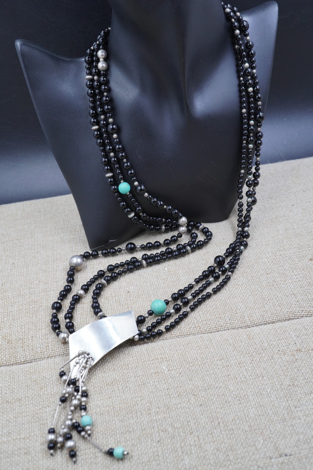 SUSAN CUMMINGS Sterling 3 Multi Strand Black Onyx Bead Necklace Pendant Signed