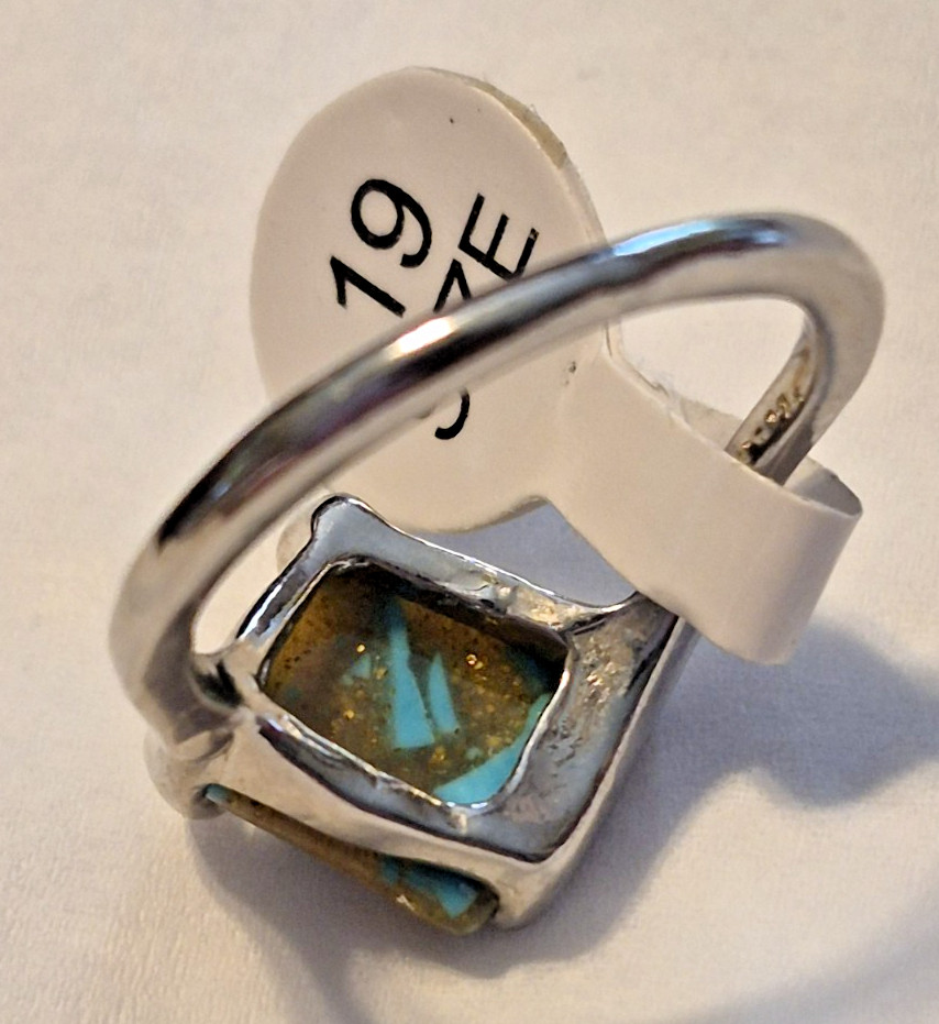 Silver-Toned Ring W/ Turquoise and Gold Looking Square Stone Size 8.5
