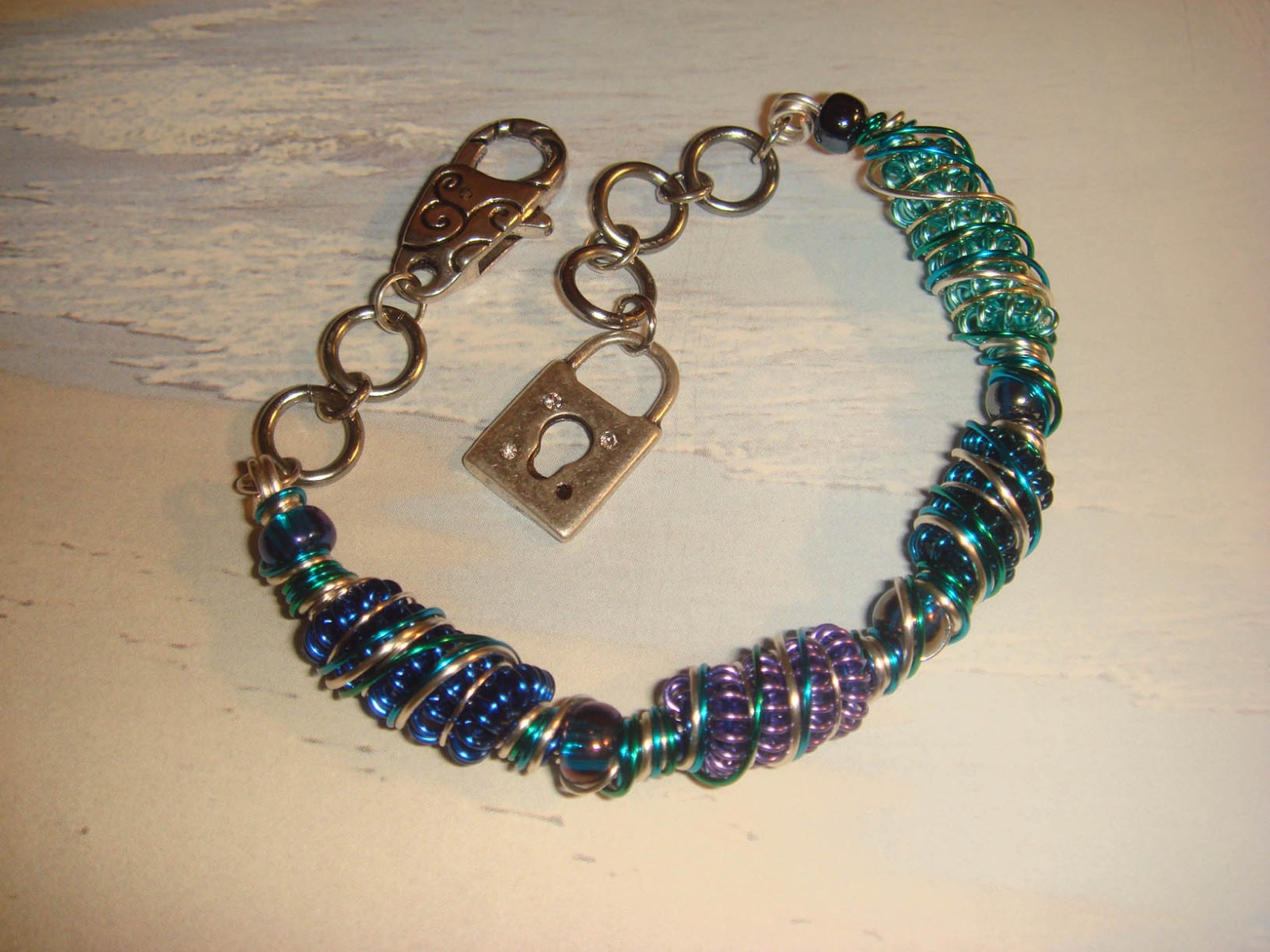 #138 Blue/Purple Wire Wrapped Bracelet with beads One of a Kind