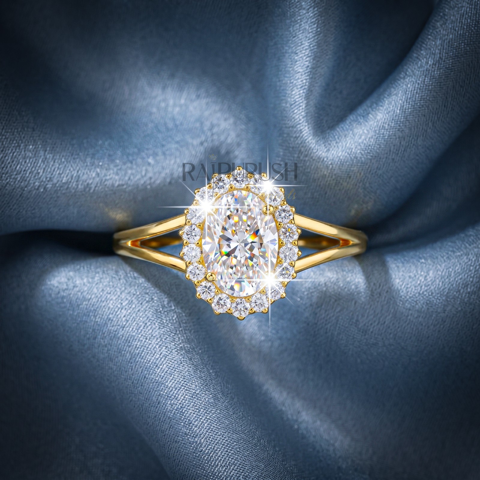 2CT Oval Cut Moissanite Engagement Ring 14k Yellow Gold Plated 925 Silver Halo