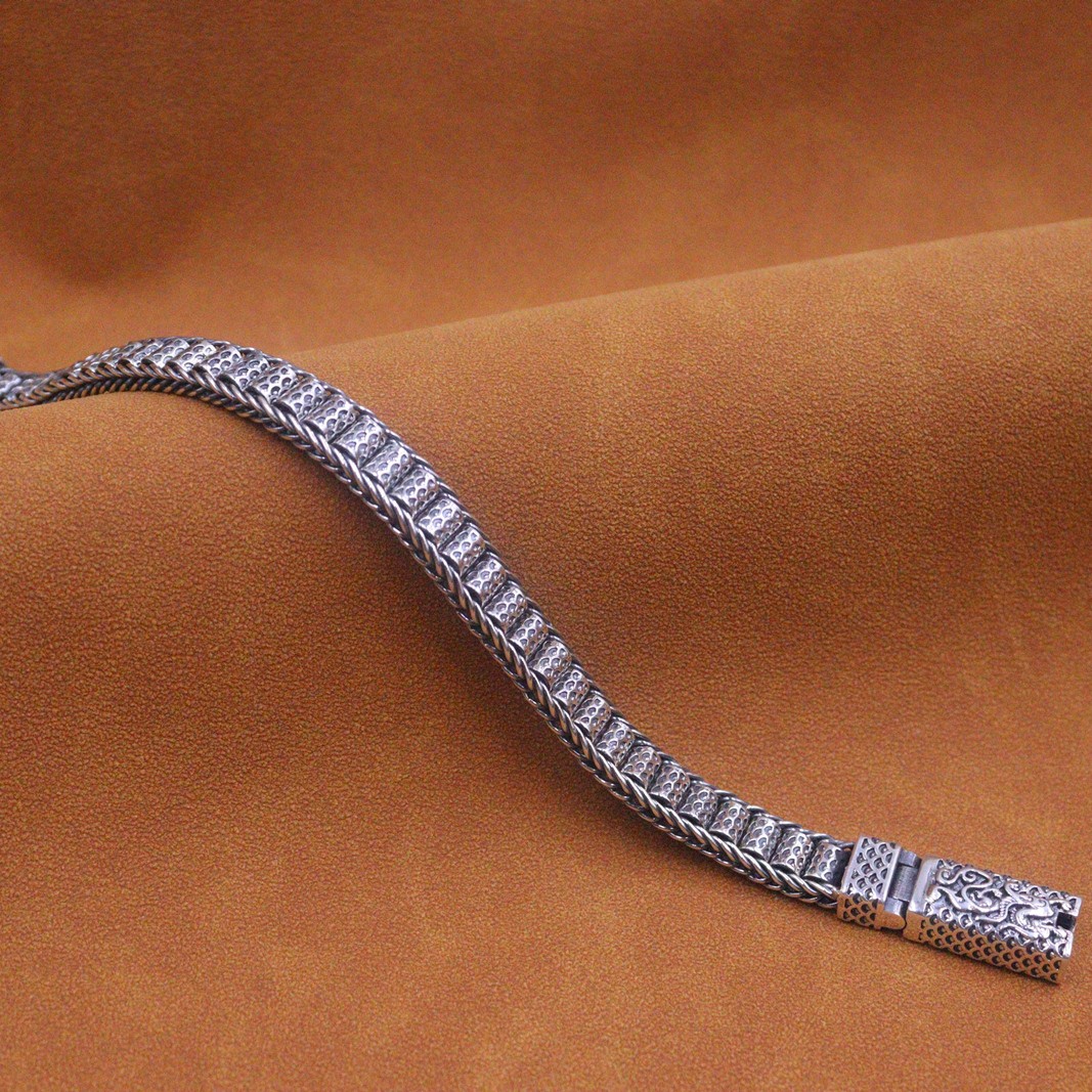 Real 925 Sterling Silver Bracelet Men 9mm Vintage Long Tube Beaded Link 7.5inch