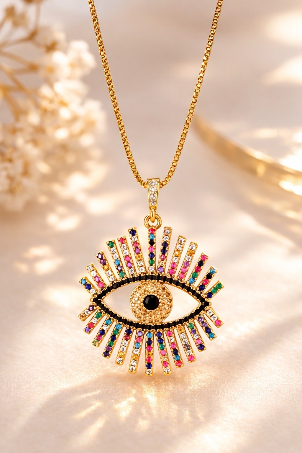 Gold Tone Multicolor Rhinestone Evil Eye Pendant Necklace