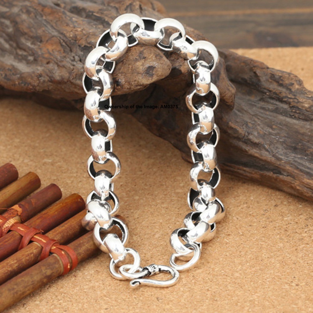 10MM ROLO Link Real S925 Sterling Silver Bracelet Women Men’s Bangle 8.26inch