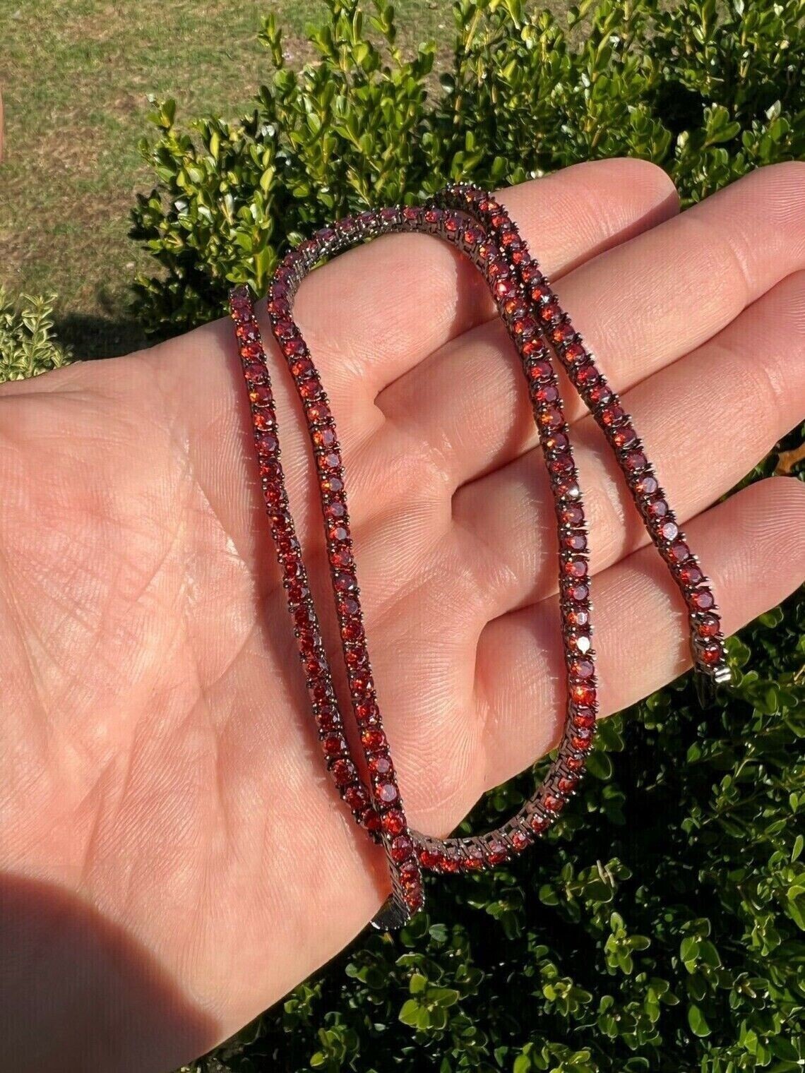 18ct 3mm Red Garnet Simulated Tennis Necklace 20”Real 925 Black Sterling Silver