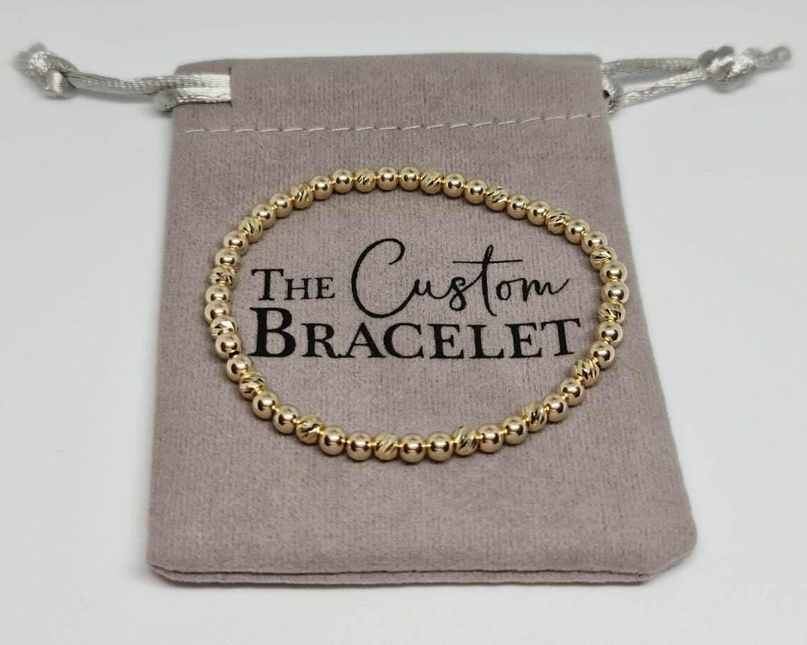 14K Solid Yellow Gold Bar Cut Faceted /Smooth Round 4mm Stretch Unisex Bracelet