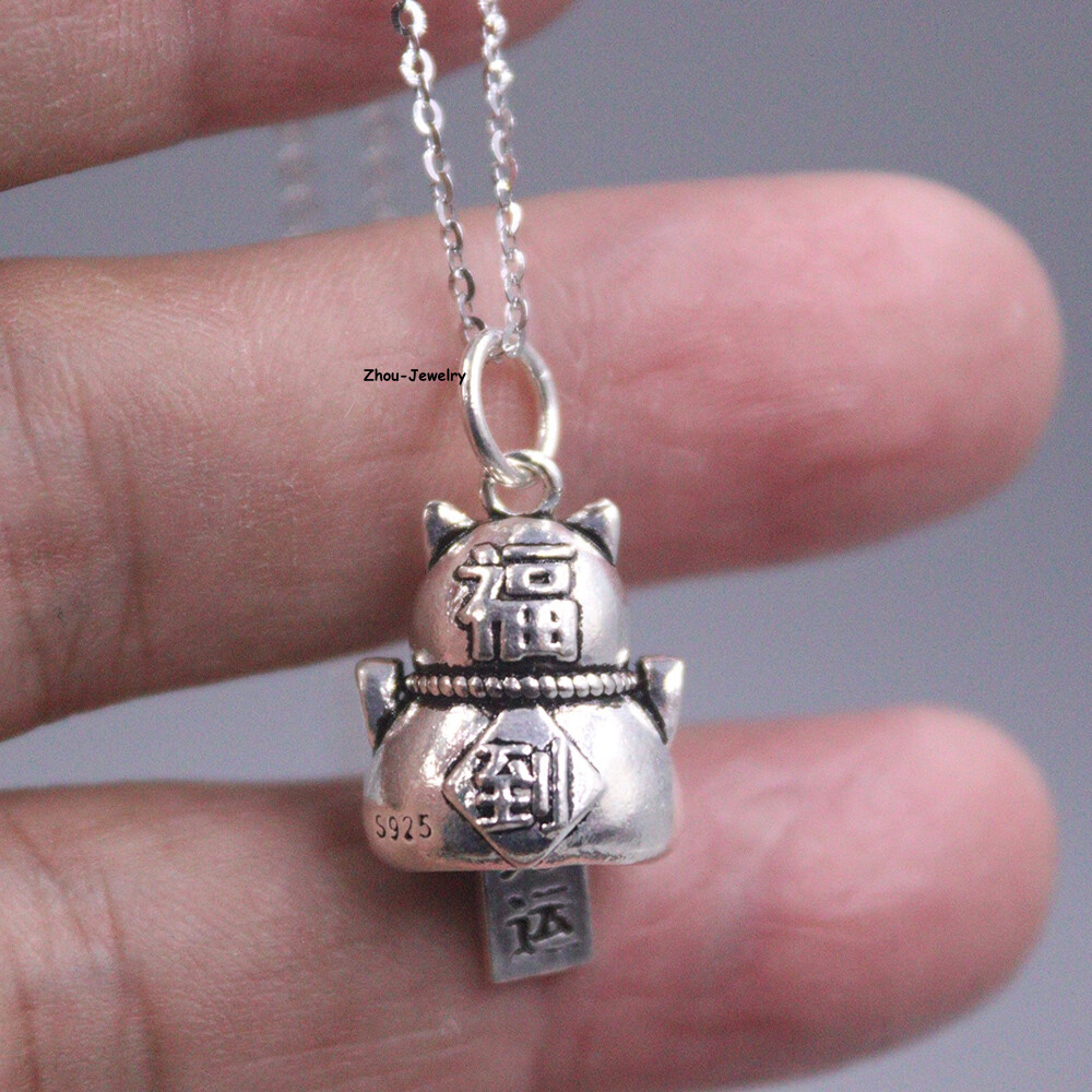 Real S925 Sterling Silver Pendant Men Women Fortune Cat Pendant 28*14mm 3-4g