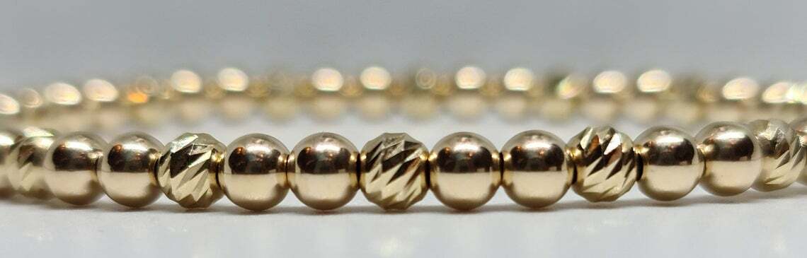 14K Solid Yellow Gold Bar Cut Faceted /Smooth Round 4mm Stretch Unisex Bracelet