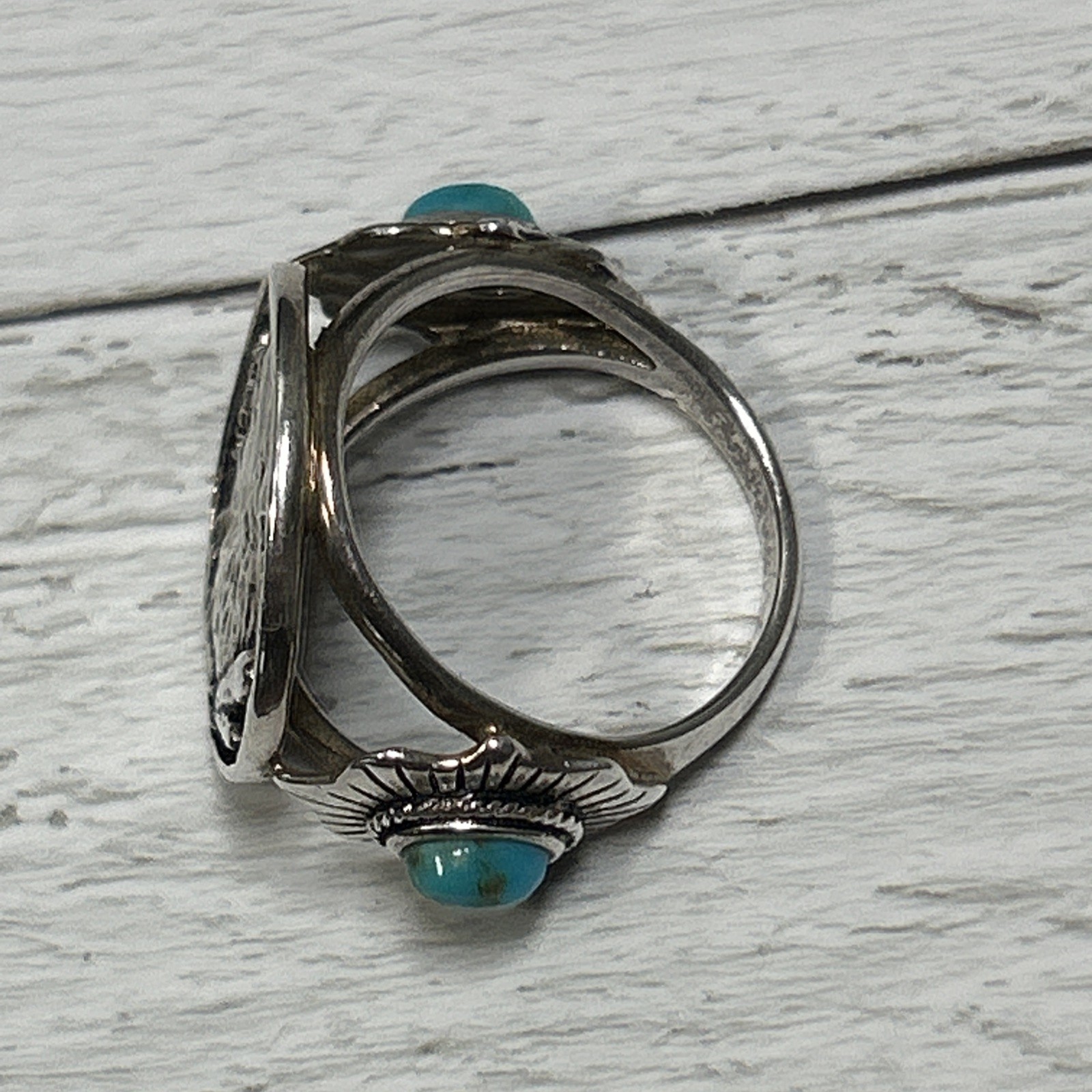 Vintage Silver 925 Navajo 1937 Indian Head Nickle Turquoise Ring Signed BBJ Sz 7