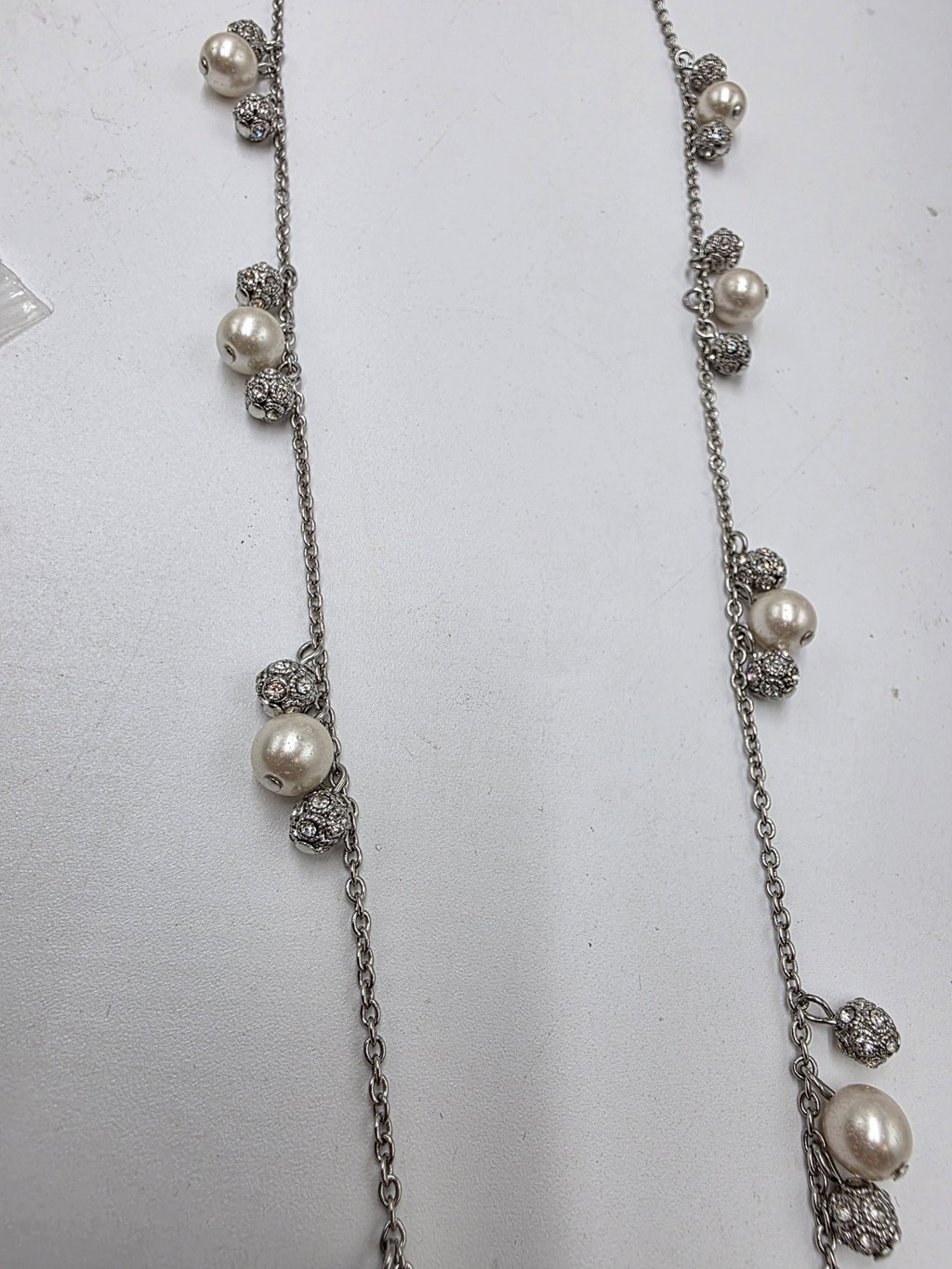 Ann Taylor Silver Tone Faux Pearl & Crystal Station Necklace 32″ Long
