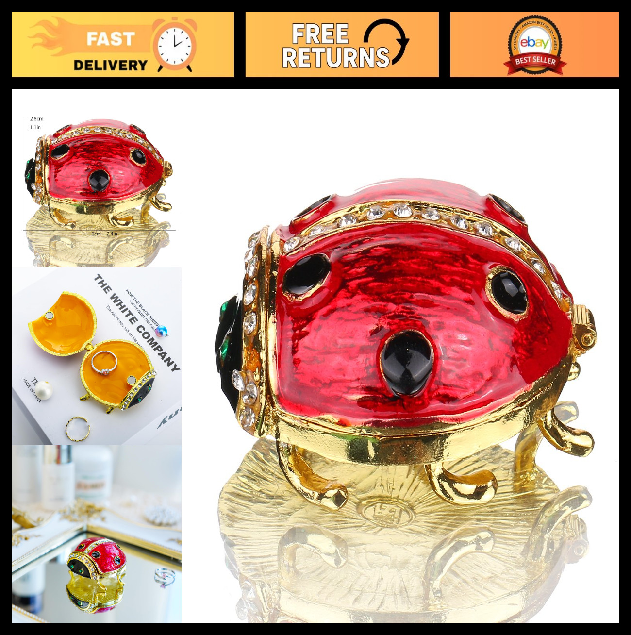 Ladybug Jewelry Box with Crystal Accents | Hinged Trinket Organizer, Keepsake Gi