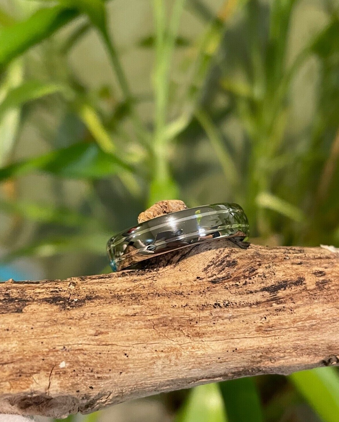 Comfort Fit Titanium Silver Pinstripes Ring, Wedding Band, Polished