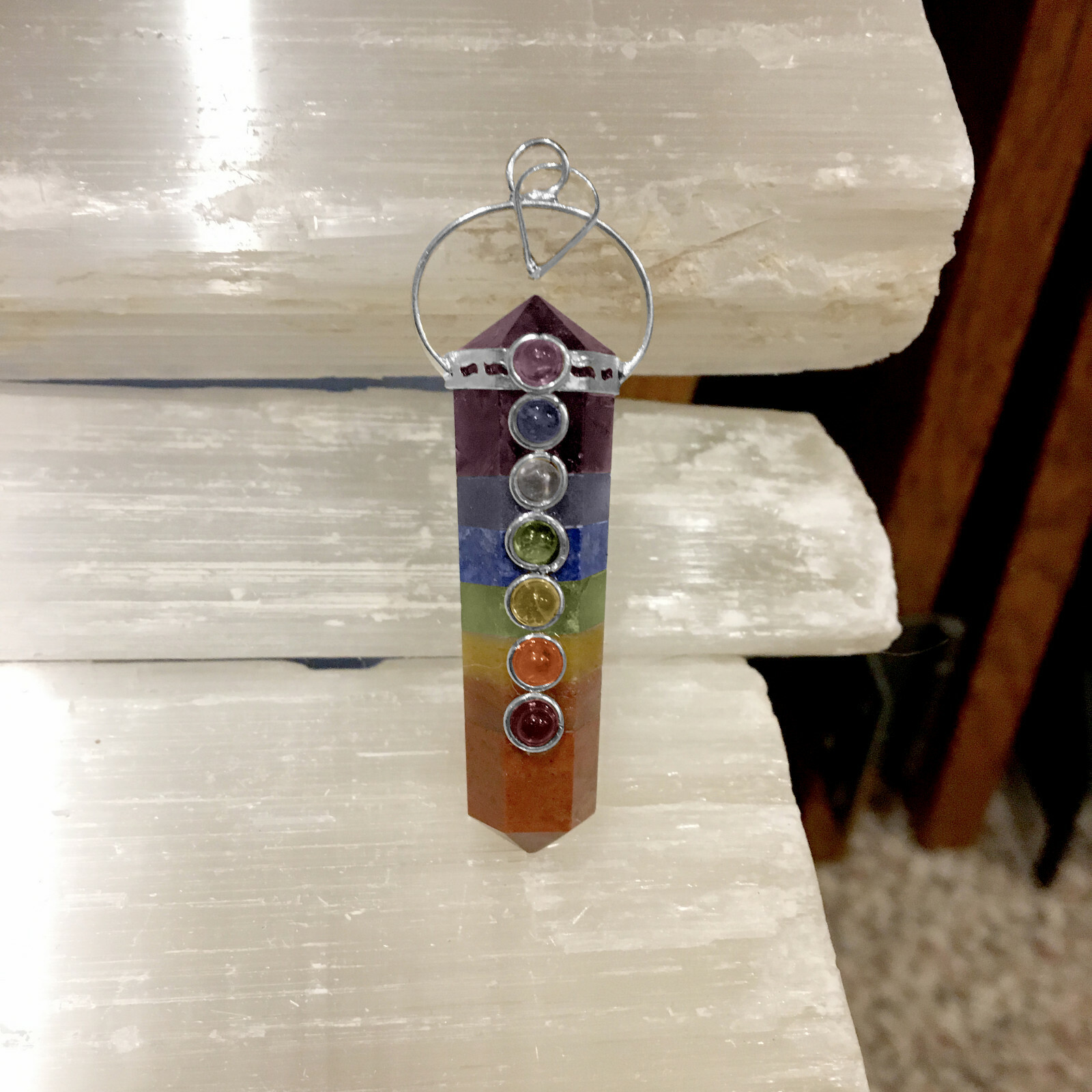 Rainbow Chakra Crystal Double Point Pendant 7 Bonded Stone Necklace Reiki Healin
