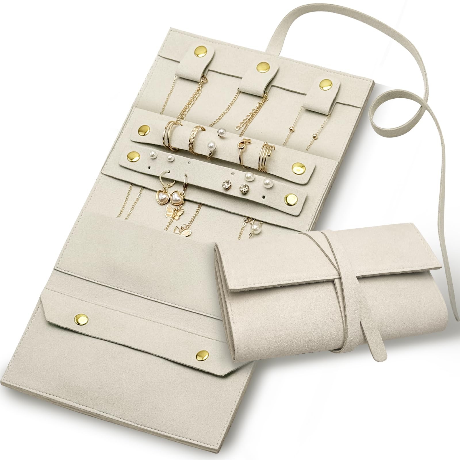 Travel Jewelry Organizer Roll, PU Leather Case for Women, Beige