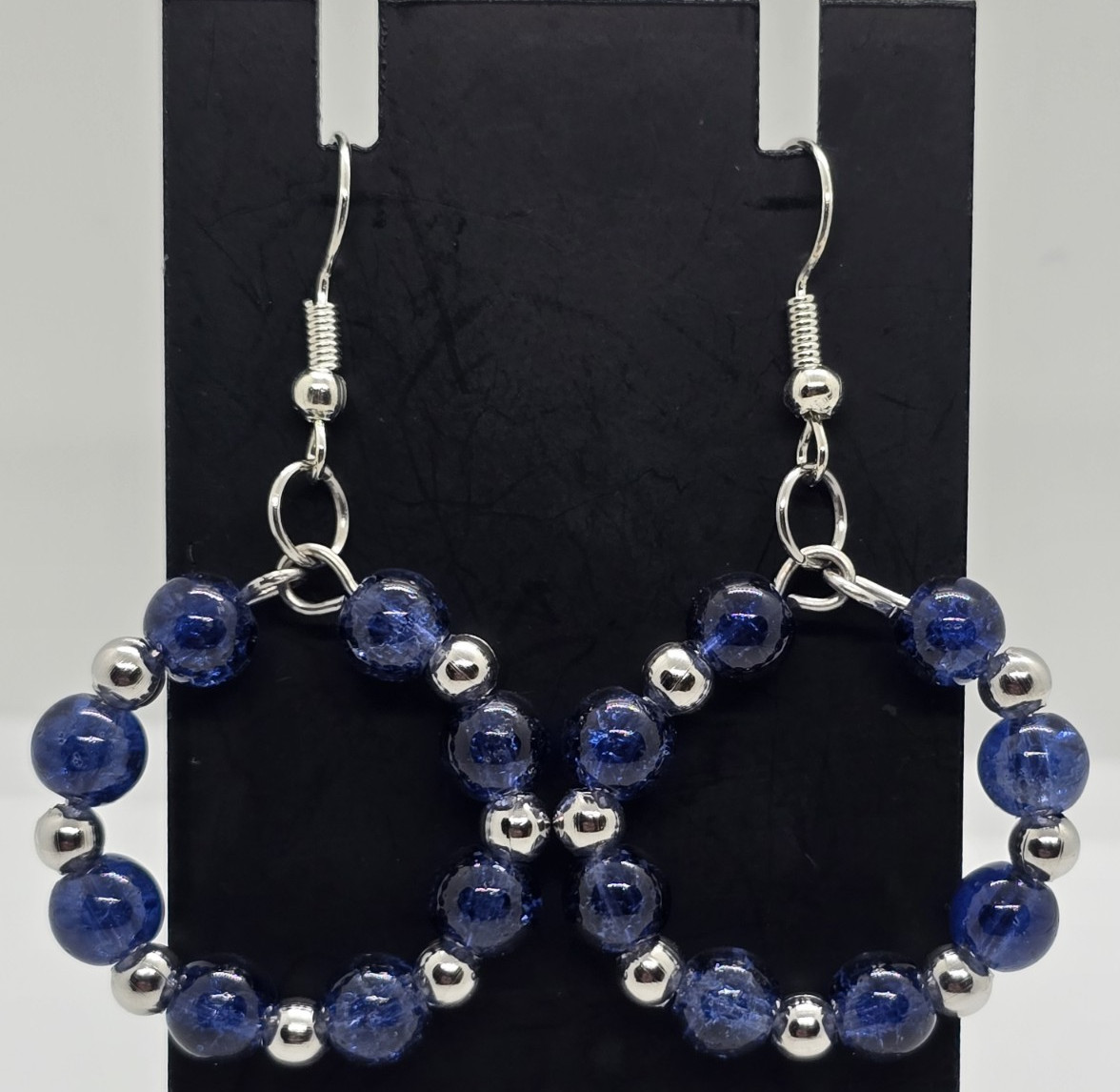 Blue Glass Beaded Hoop Dangle Earrings, Stainless Steel Metal, Hook